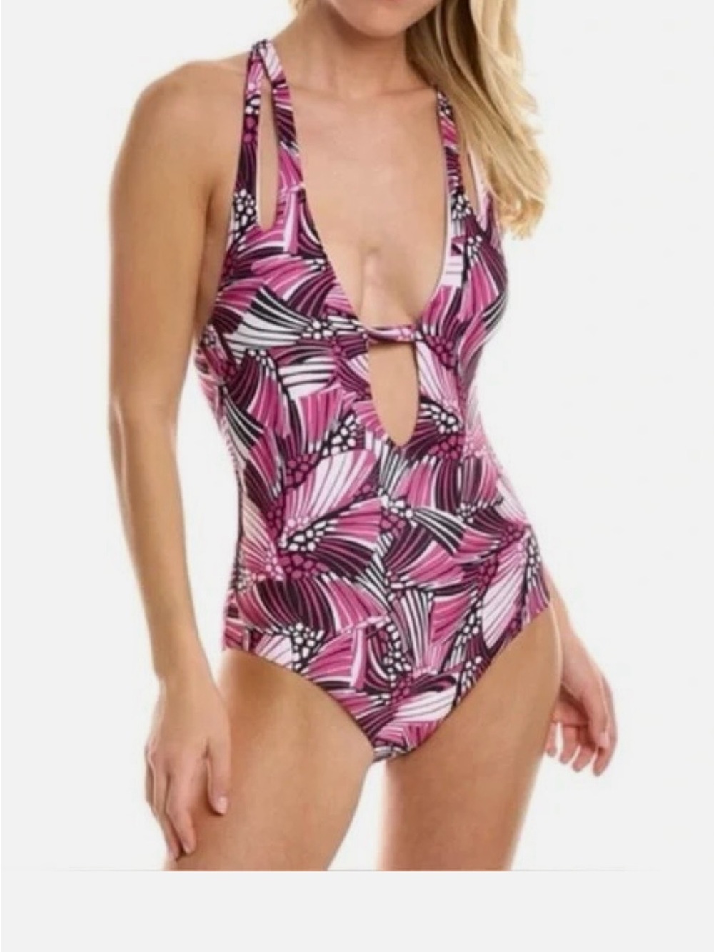 NWOT BECCA Pink and Black Abstract One-Piece Swimsuit with Front Keyhole